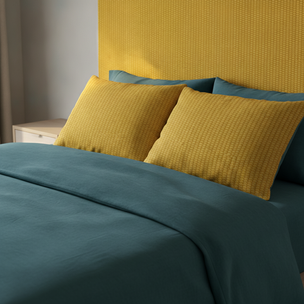 Modern bedroom bed with a headboard wall featuring Golden Kernels of Harvest Corn in Yellow Gold wallpaper, a deep teal duvet, and two matching Golden Kernels of Harvest Corn fabric throw pillows.