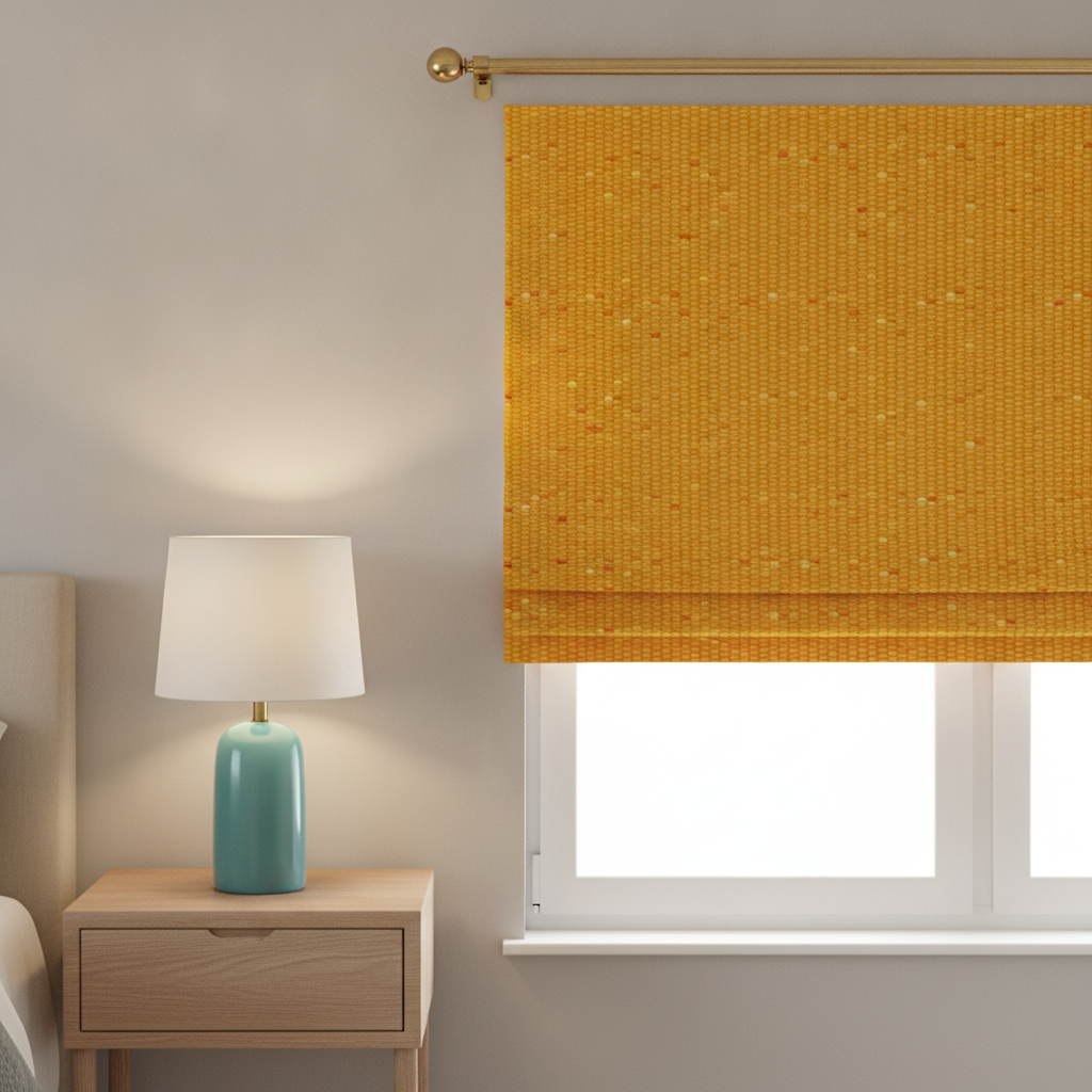Detail of a modern bedroom window with an Orange Kernels of Harvest Corn in Autumn Orange fabric Roman blind and a brushed brass curtain rod, next to a simple bedside table.