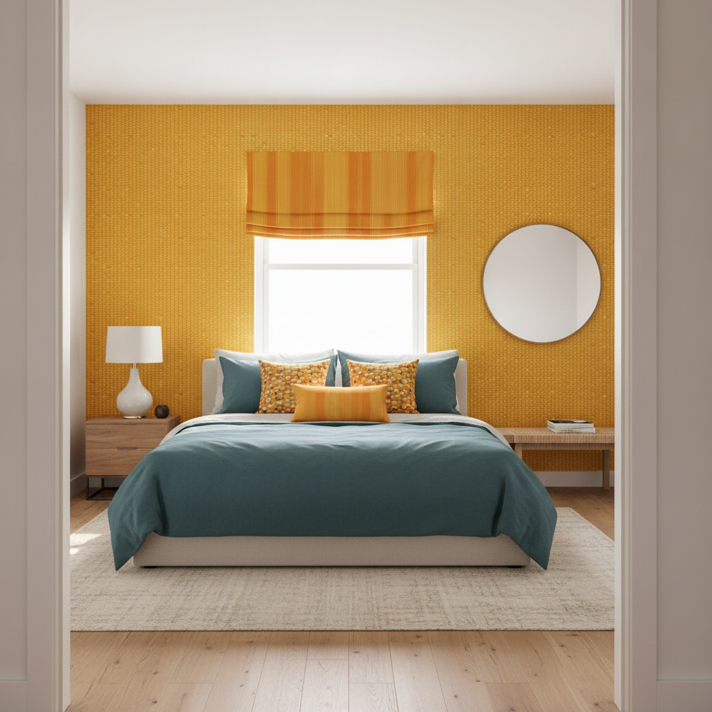A complete view of a modern Thanksgiving bedroom featuring a Golden Kernels of Harvest Corn in Yellow Gold wallpapered accent wall, deep teal bedding, multiple harvest-themed pattern cushions, and Orange Kernels of Harvest Corn Roman blinds.