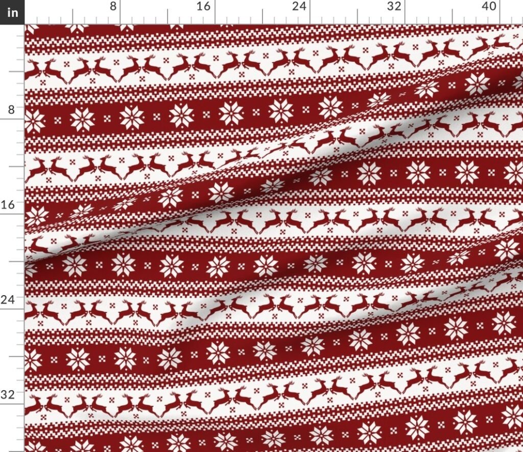 Large Dark Christmas Candy Apple Red Nordic Reindeer Stripe Fabric design