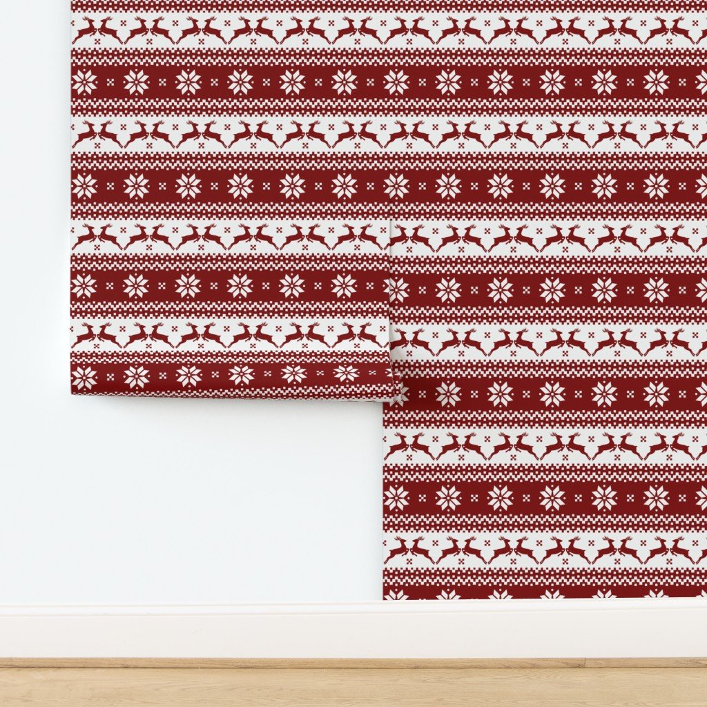 Large Dark Christmas Candy Apple Red Nordic Reindeer Stripe Wallpaper design