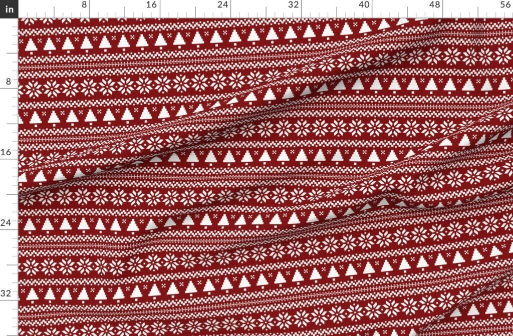 Large Dark Christmas Candy Apple Red Nordic Trees Stripe in White Fabric design