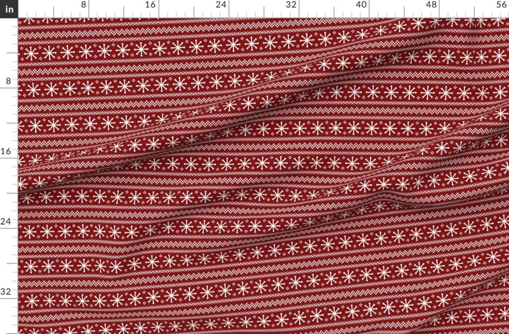 Large Dark Christmas Candy Apple Red Snowflake Stripes in White Fabric design