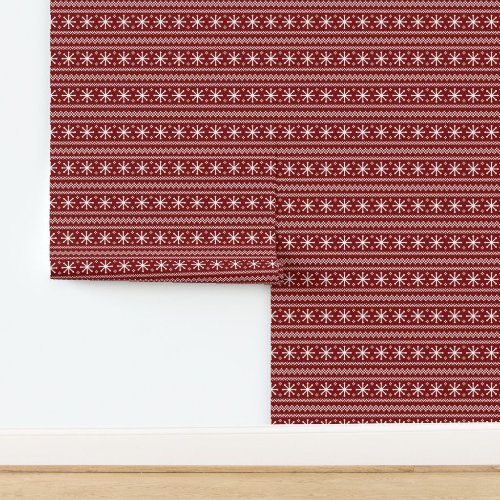 Large Dark Christmas Candy Apple Red Snowflake Stripes in White Wallpaper design