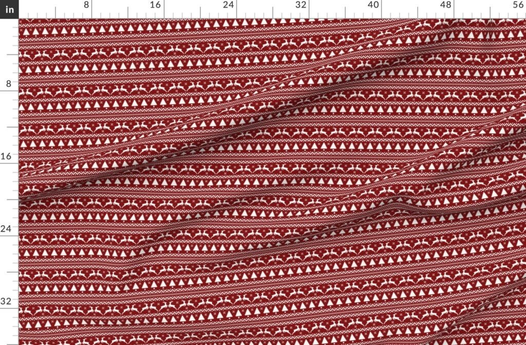 Dark Christmas Candy Apple Red Nordic Reindeer Stripe in White Fabric design
