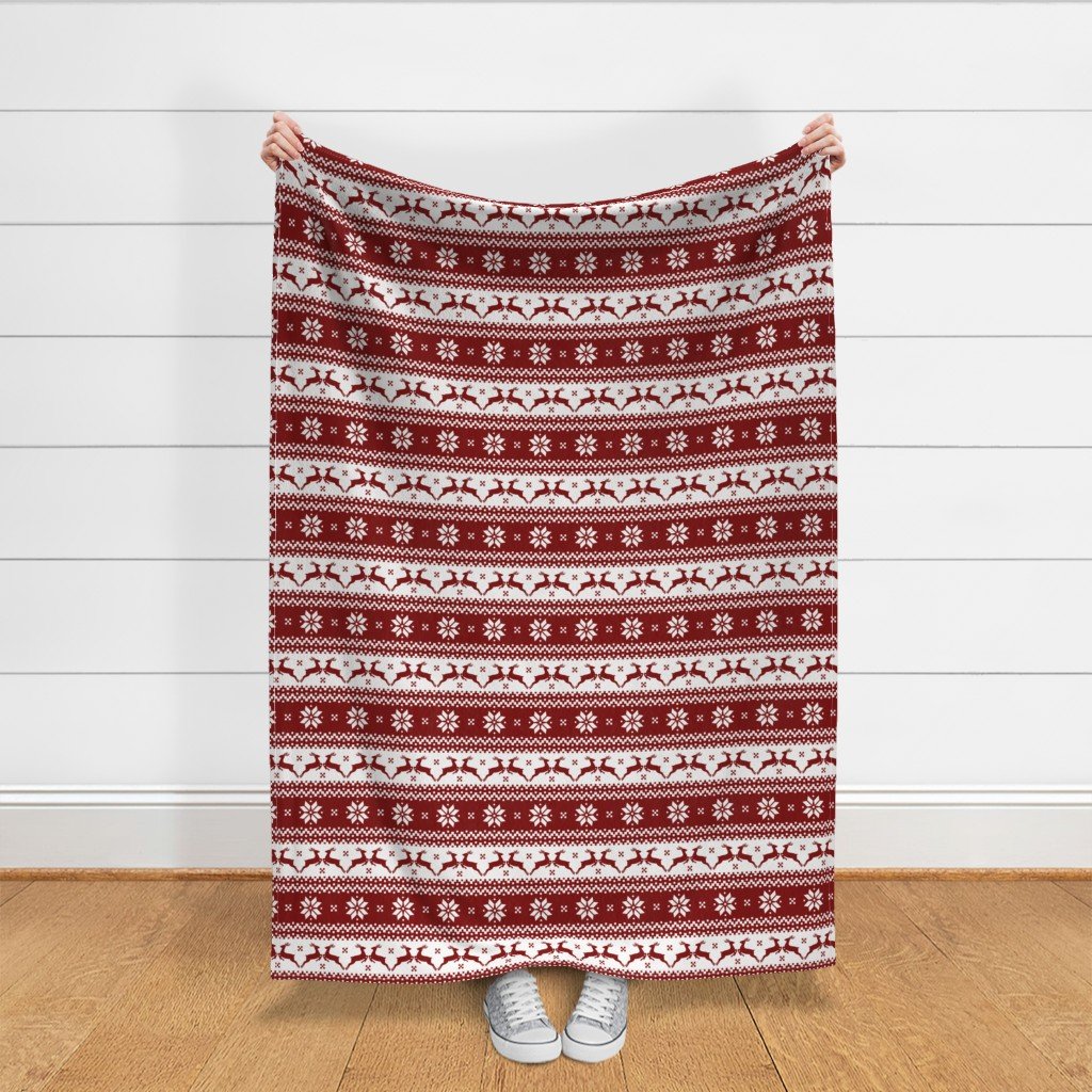 Large Dark Christmas Candy Apple Red Nordic Reindeer Stripe Fabric nordic pattern fabric
