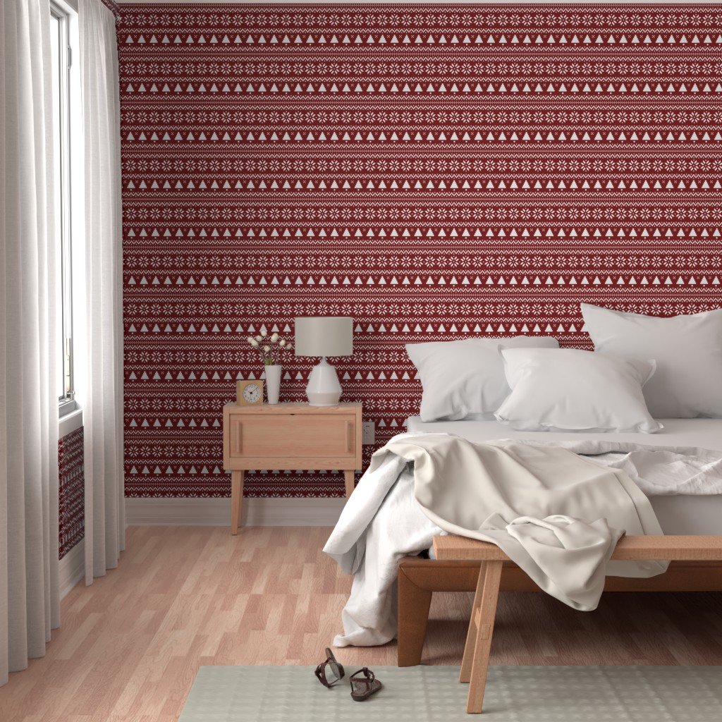 Large Dark Christmas Candy Apple Red Nordic Trees Stripe in White Wallpaper nordic stripe wallpaper