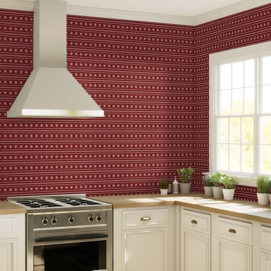 Large Dark Christmas Candy Apple Red Snowflake Stripes in White Wallpaper snowflakes pattern wallpaper