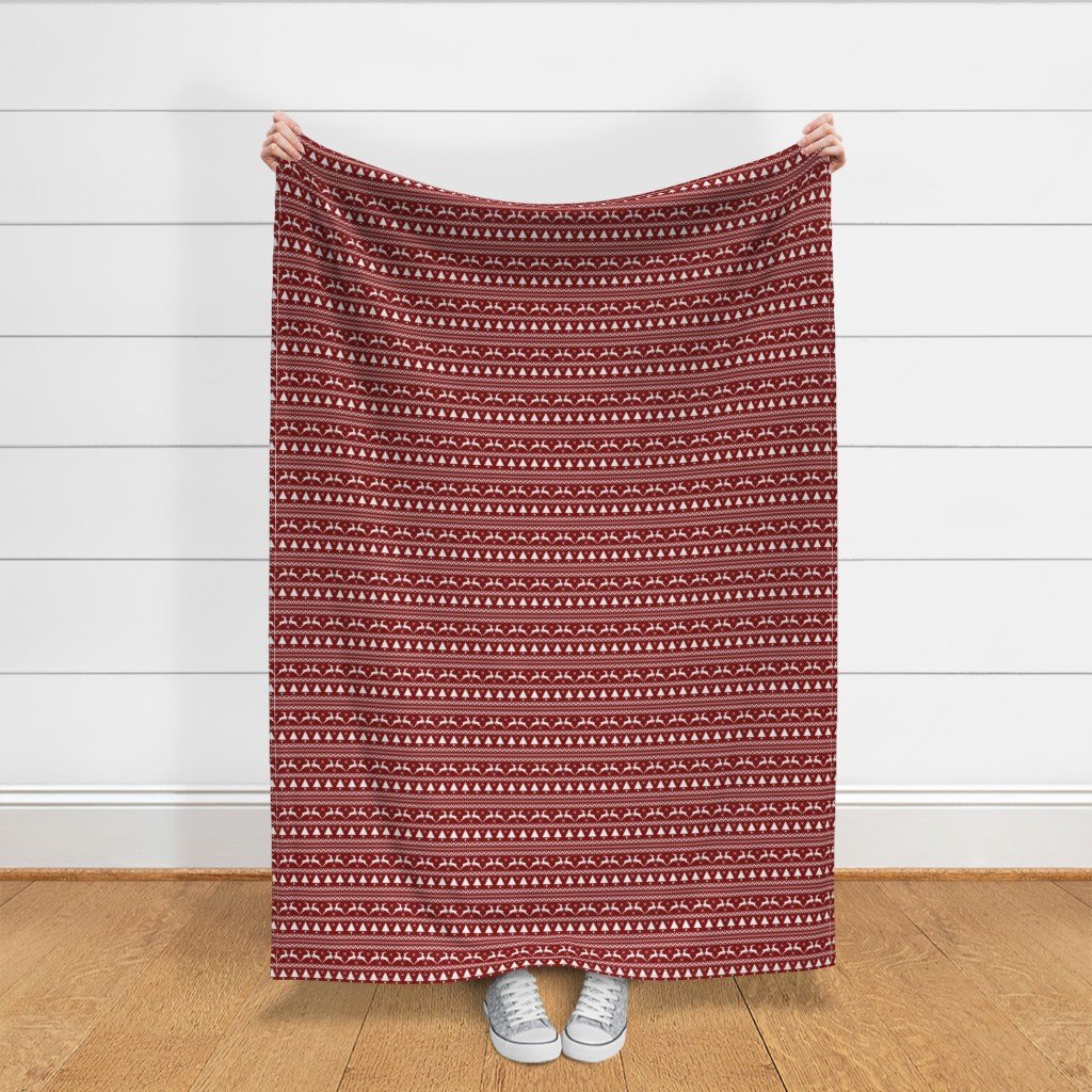 Dark Christmas Candy Apple Red Nordic Reindeer Stripe in White Fabric nordic pattern fabric