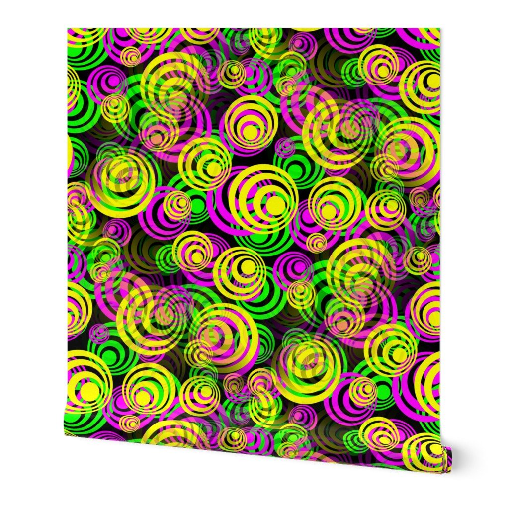 Bright Yellow Pink and Green 70s Hippy Circles Wallpaper disco print wallpaper