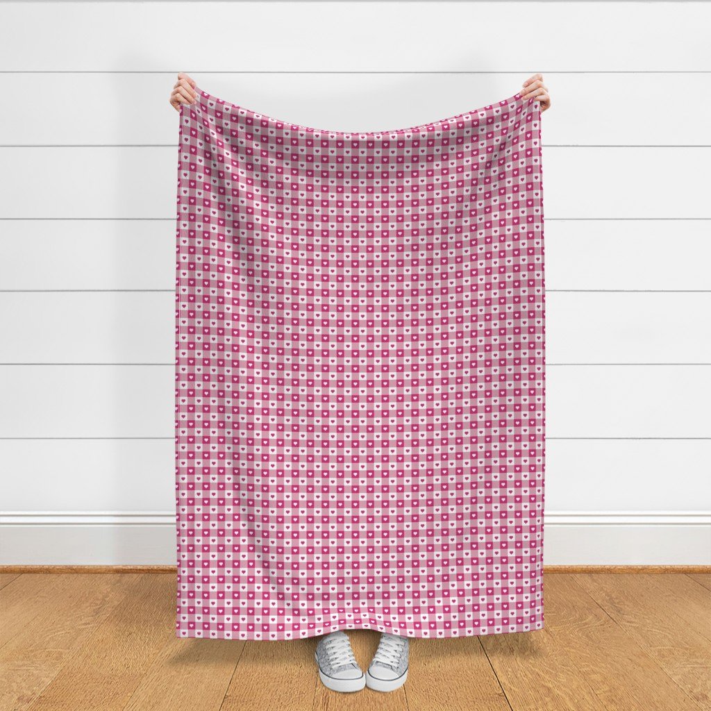 Bubble Gum and White Gingham Valentines Check with Center Heart Fabric bubble gum check fabric