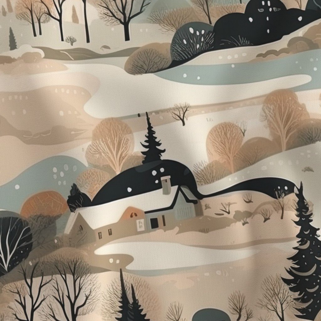 Vintage New England Village Winter Fabric snowy landscape fabric
