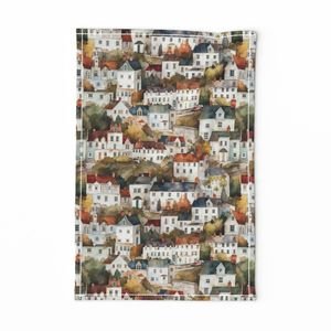 Small English Town Houses in Watercolor Decor Collection Home Styling Collection english town tea towel design