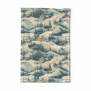 Small Vintage Ski Slope Cabins in Woods Blue Interior Collection Home Styling Collection ski slope tea towel design