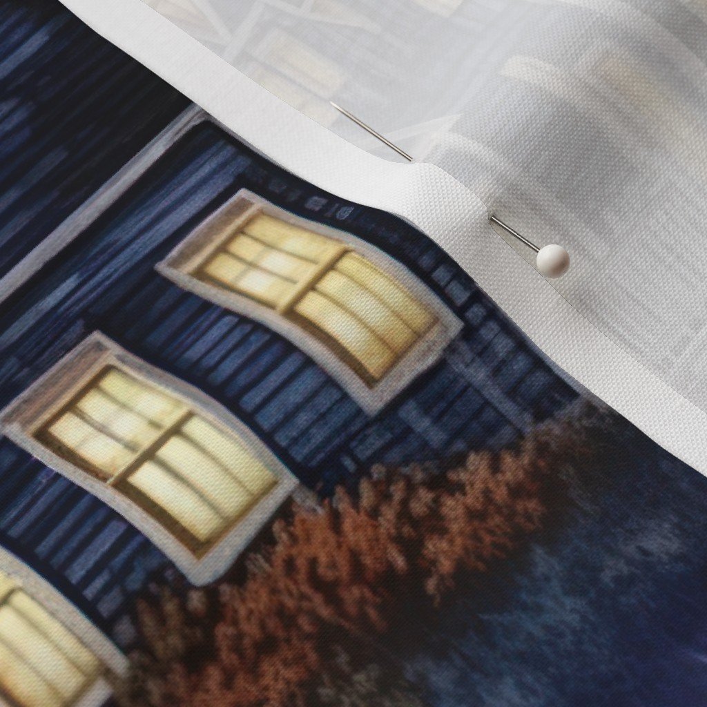 New England Haunted Village at Night with Lightning Storm Fabric halloween night fabric
