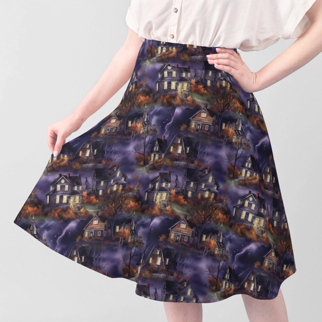 New England Haunted Village at Night with Purple Spooky Lightning Fabric halloween night fabric
