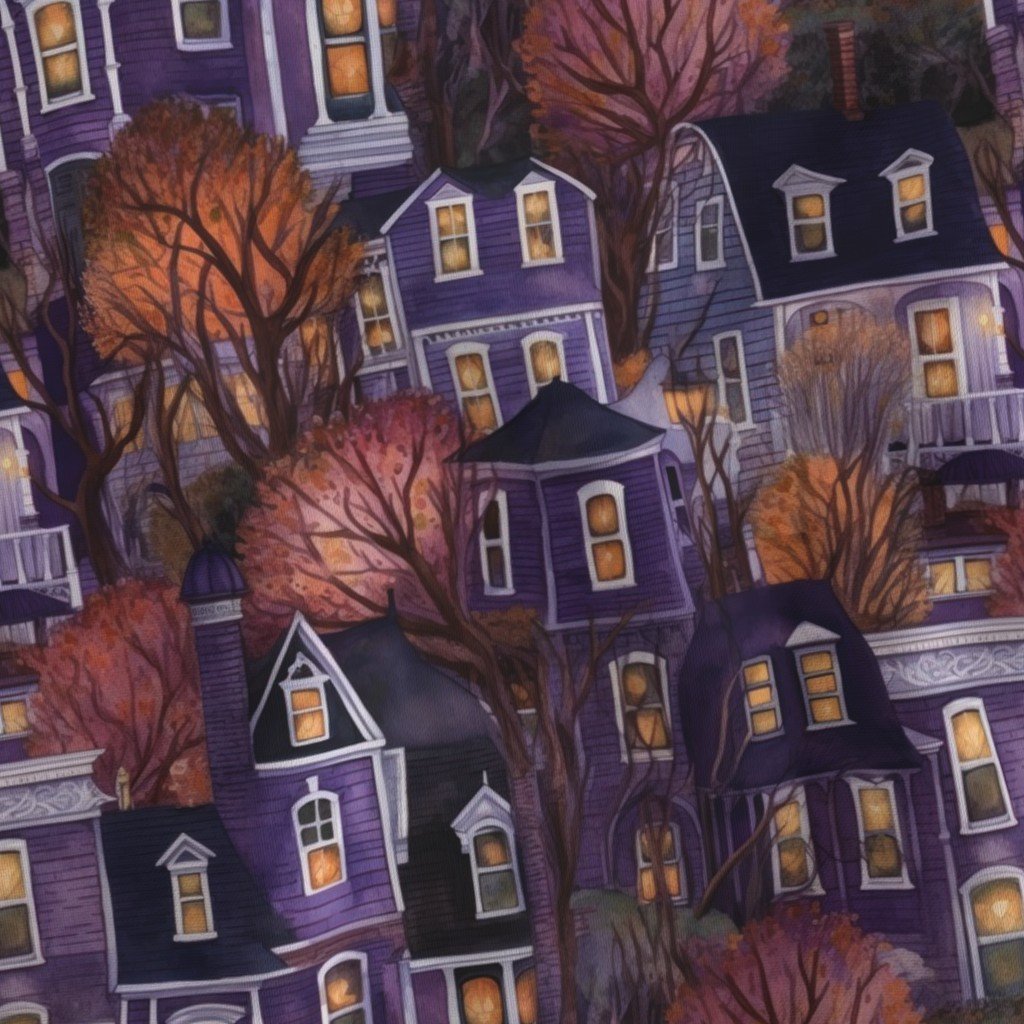 Bright Purple Haunted New England Village Watercolor Fabric halloween night fabric