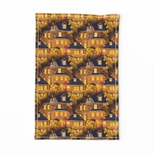 Bright Yellow Haunted New England Village Watercolor with Lighthouse Decor Collection Home Decor Collection bright yellow tea towel design