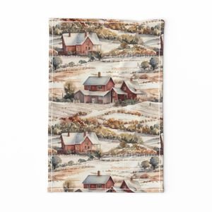 Winter Snowy Farm Landscape Watercolor Home Decor Collection Home Decor Collection farm houses tea towel design