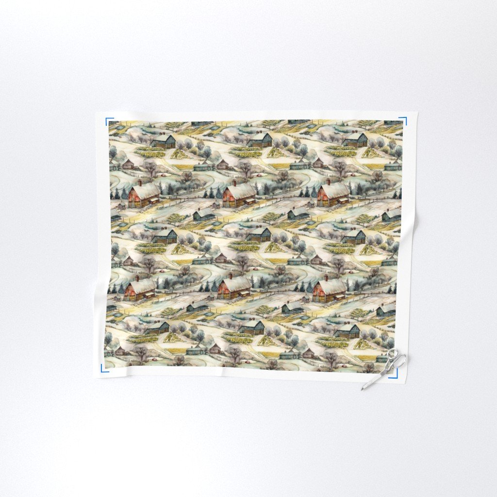 Winter Snowy Farm Landscape Watercolor Fabric farm houses fabric