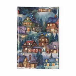 Large Christmas Rustic Country Winter Cabins Watercolor Decor Collection Design Collection christmas scene tea towel design