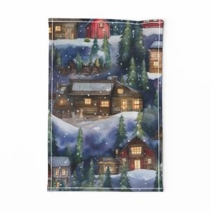Large Christmas Christmas Rustic Village Winter Cabins Watercolor Home Decor Collection Home Styling Collection christmas scene tea towel design