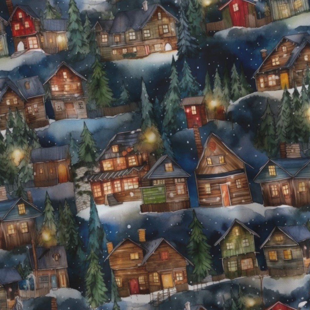Small Christmas Christmas Rustic Winter Mountainside Cabins Fabric christmas scene fabric