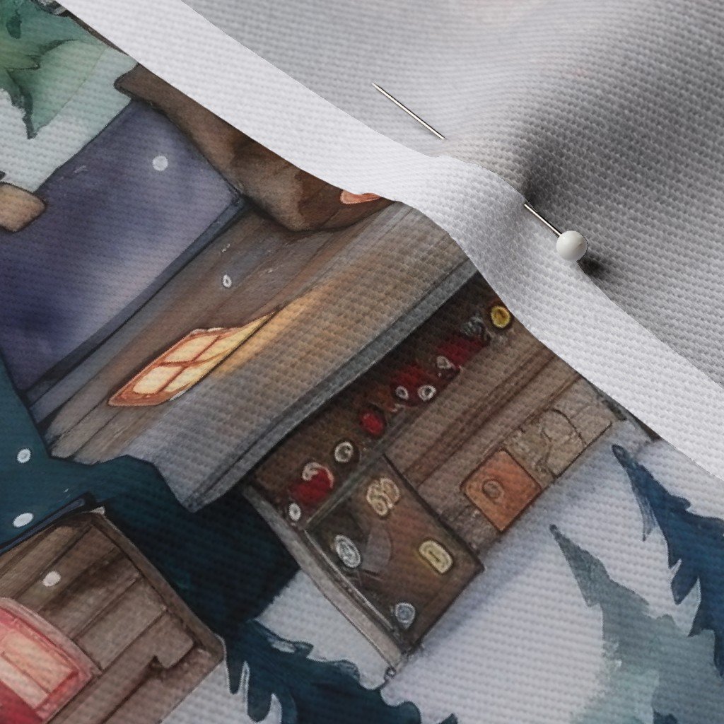 Small Christmas Christmas Rugged Country Winter Cabins Watercolor Fabric christmas scene fabric