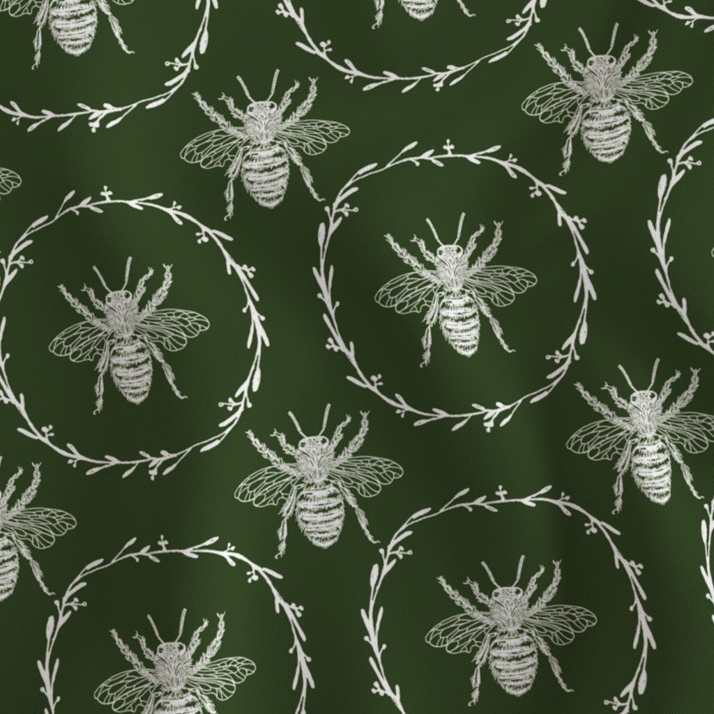 Large French Provincial Bees in Laurel Wreaths in White on Lichen Fabric autumn bees fabric