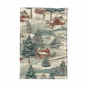 Small Montana Winter Cabins Montana with Evergreens Design Collection Home Decor Collection winter forest tea towel design