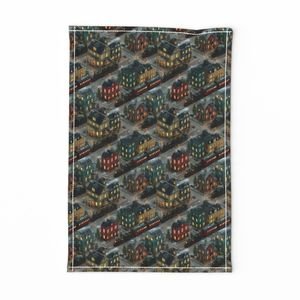 Small Isometric Snowy Christmas Village with Festive Trains and Townhouses Decor Collection Home Decor Collection lights tea towel design