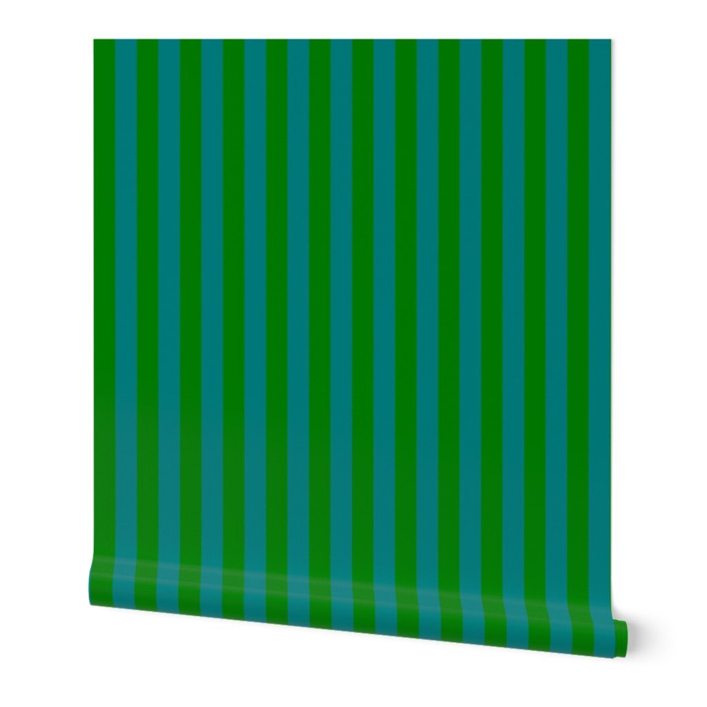 Classic Green and Teal 1 Inch Vertical Stripes Wallpaper vibrant teal wallpaper