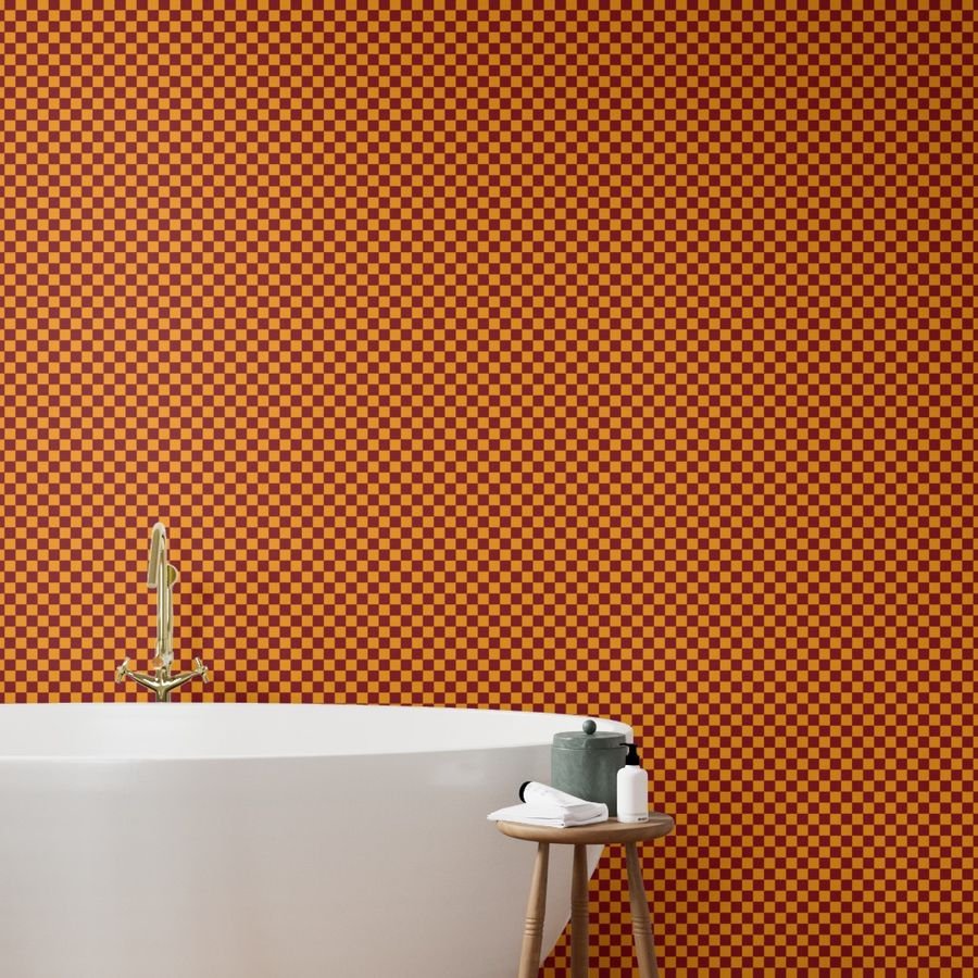 Classic Orange and Burgundy 1-inch Check Wallpaper 1 inch geometric wallpaper