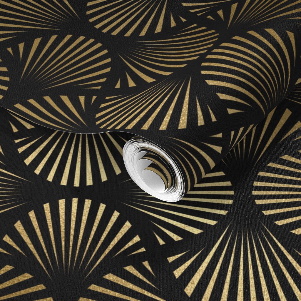 Vintage Foil Palm Fans in Black and Gold Art Deco Neo Classical Pattern Wallpaper gold fan wallpaper