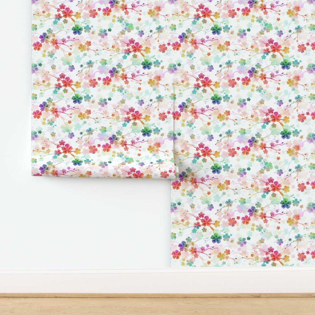 Rainbow Bright Pastel Watercolor Flowers and Vines Wallpaper design