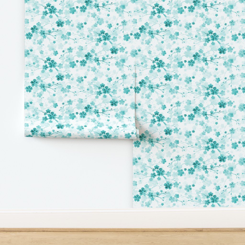 Bright Aqua Blue Pastel Watercolor Cherry Blossom Flowers and Vines Home Styling Collection design