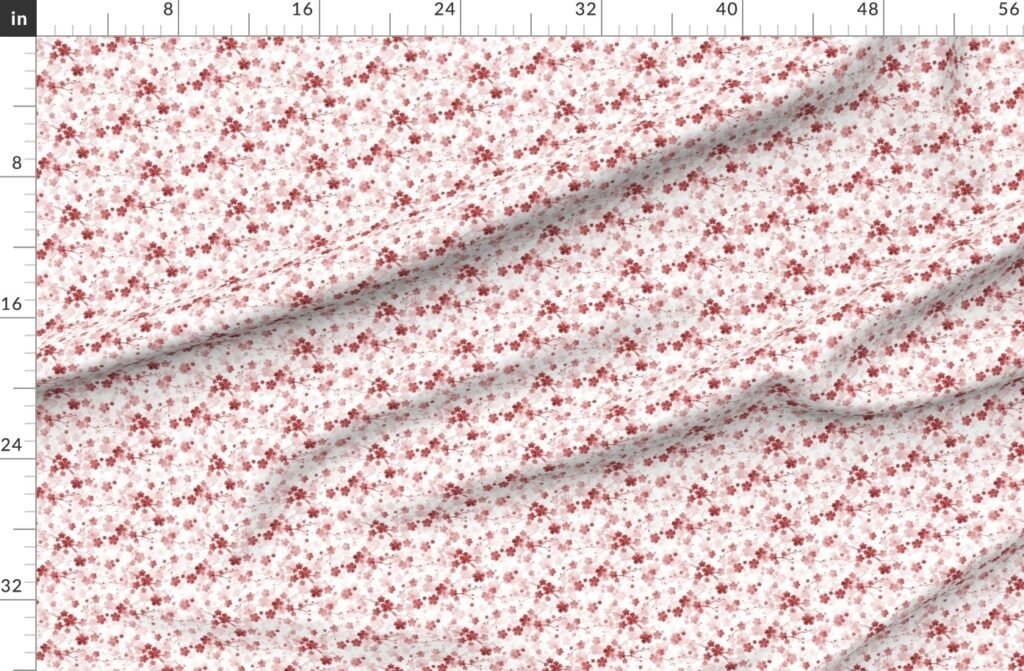 Bright Red Pastel Watercolor Cherry Blossom Flowers and Vines Fabric design