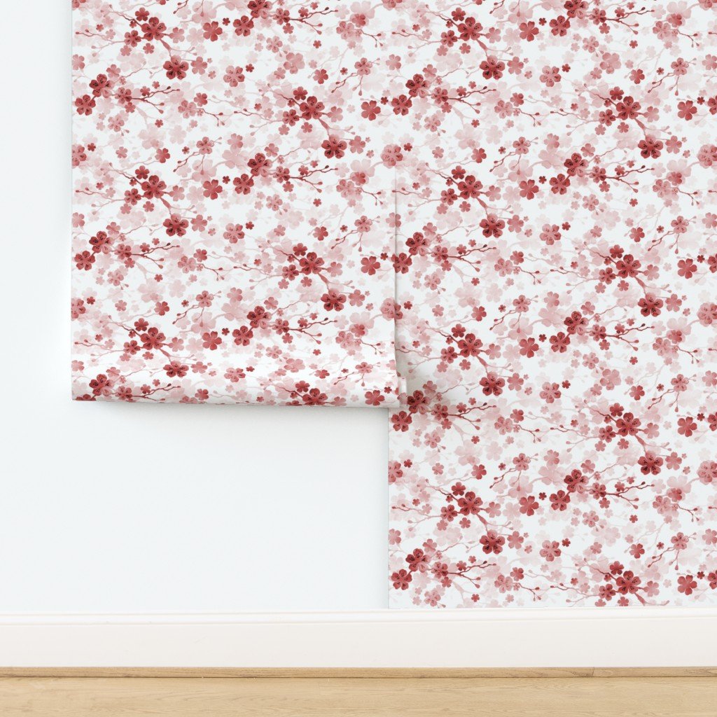 Bright Red Pastel Watercolor Cherry Blossom Flowers and Vines Wallpaper design
