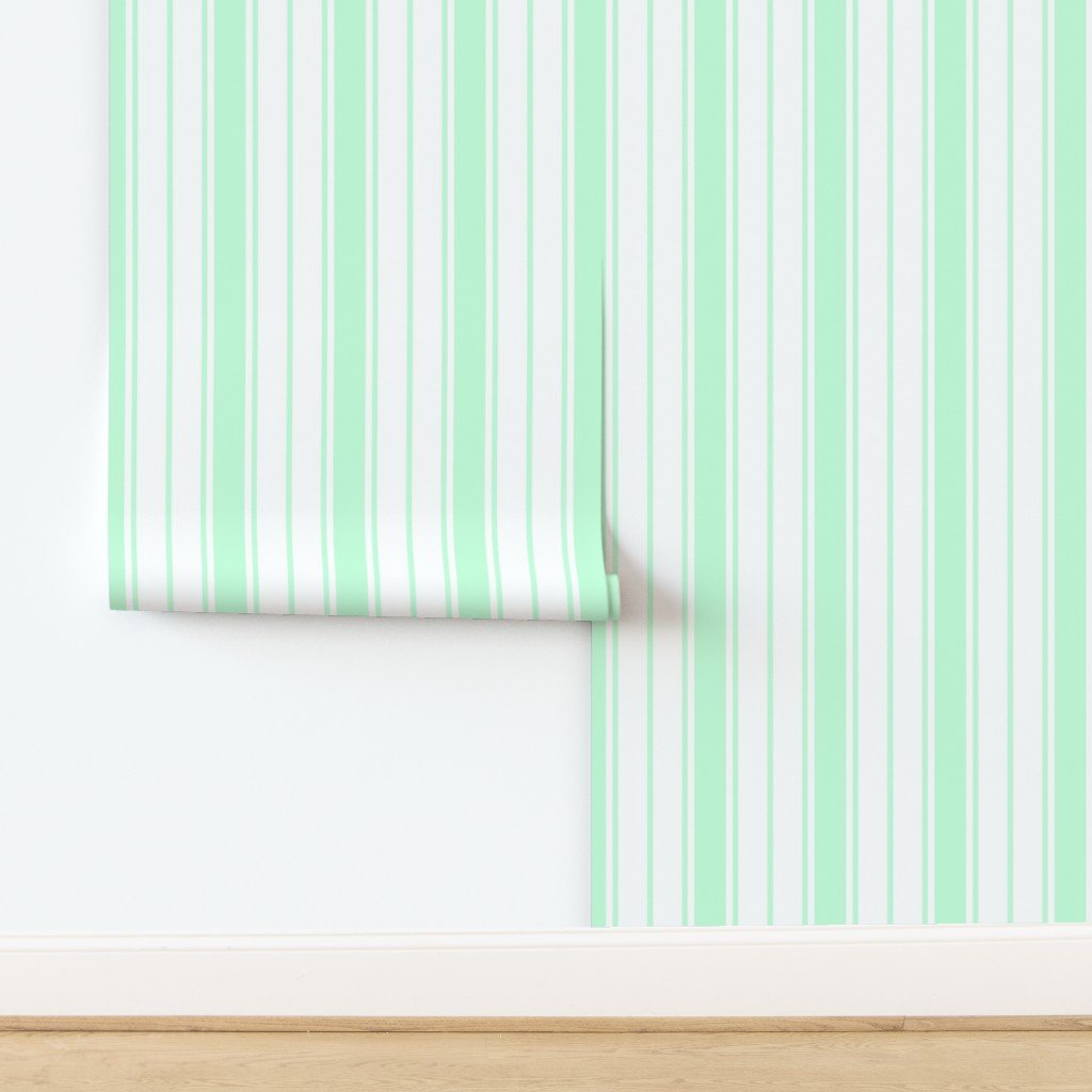Mint Foam and White Vertical French Stripe Wallpaper design