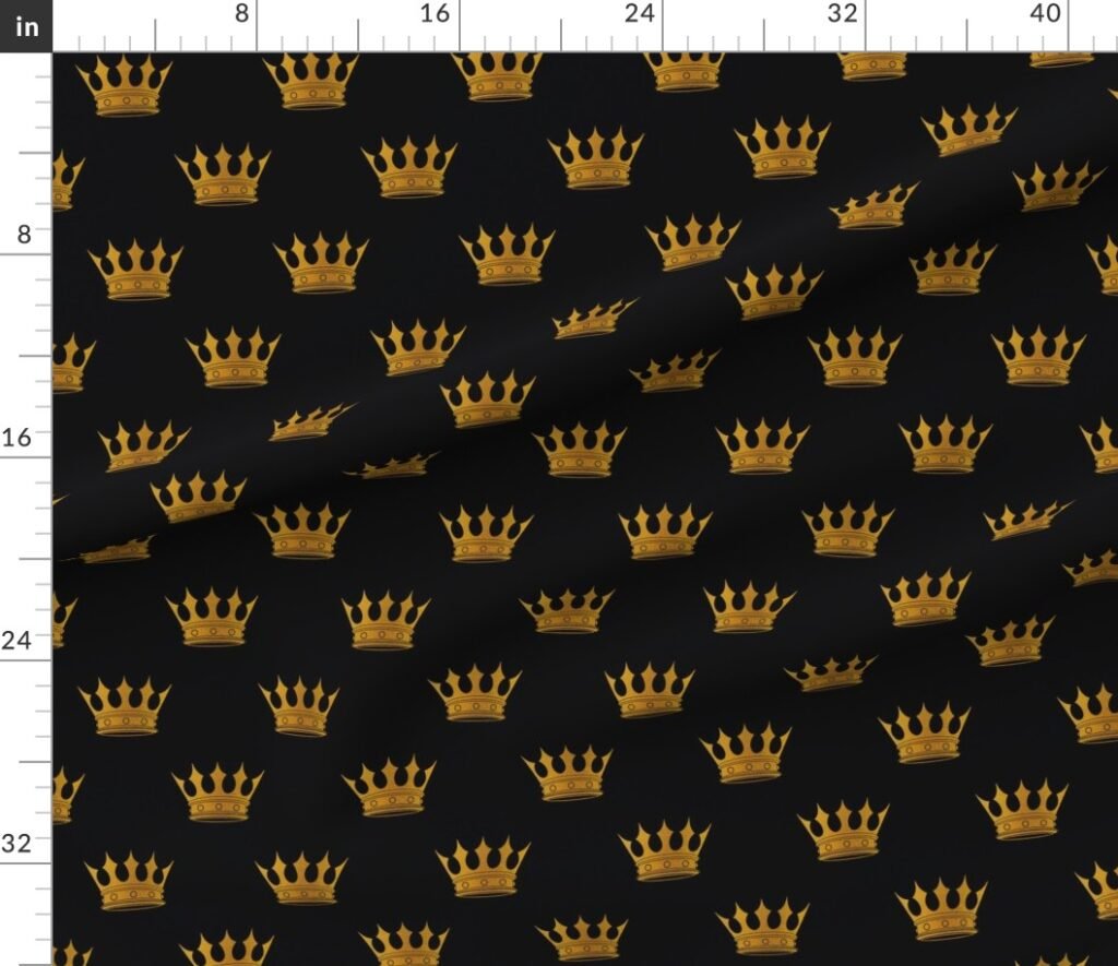 Midnight Black Faux Metallic Gold Crowns Fabric design