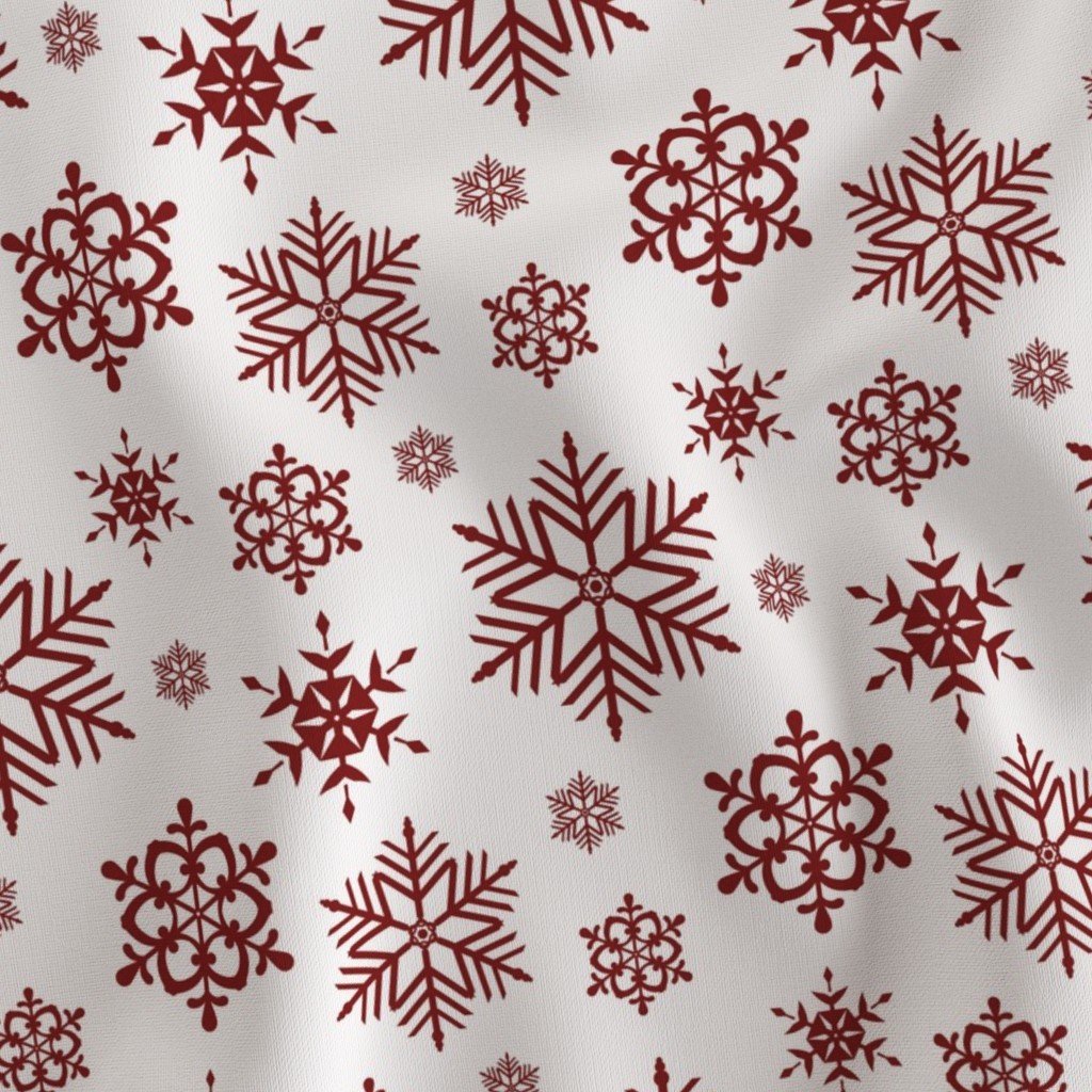 Large Dark Christmas Candy Apple Red Snowflakes on White Fabric ice crystals fabric
