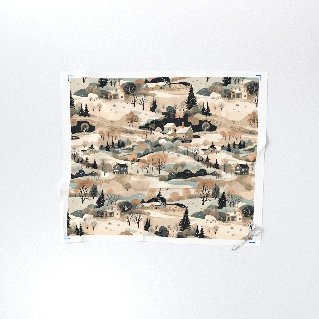 Vintage New England Village Winter Fabric snowy village scene fabric