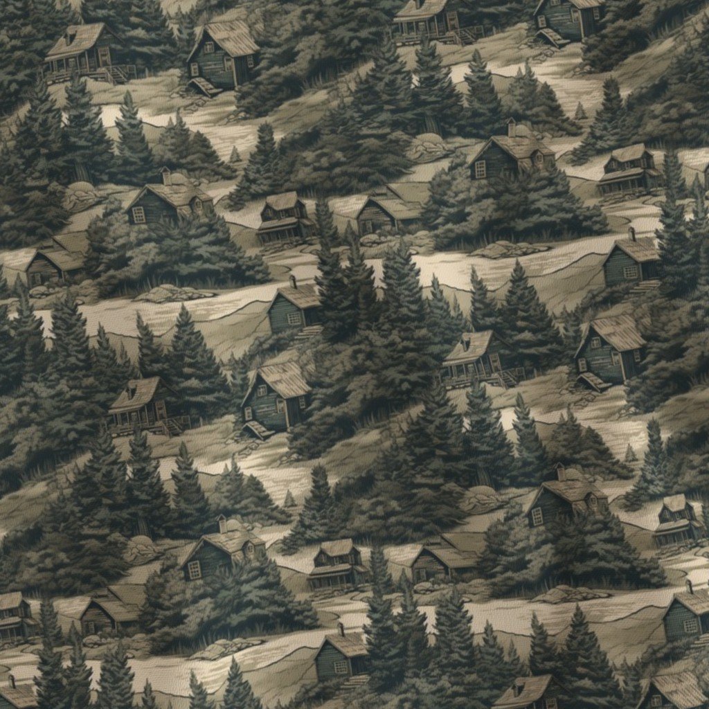 Montana Treescape Evergreens with Cabins Fabric montana cabins fabric
