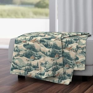 Small Vintage Ski Slope Cabins in Woods Blue Interior Collection Home Styling Collection ski village throw blanket design