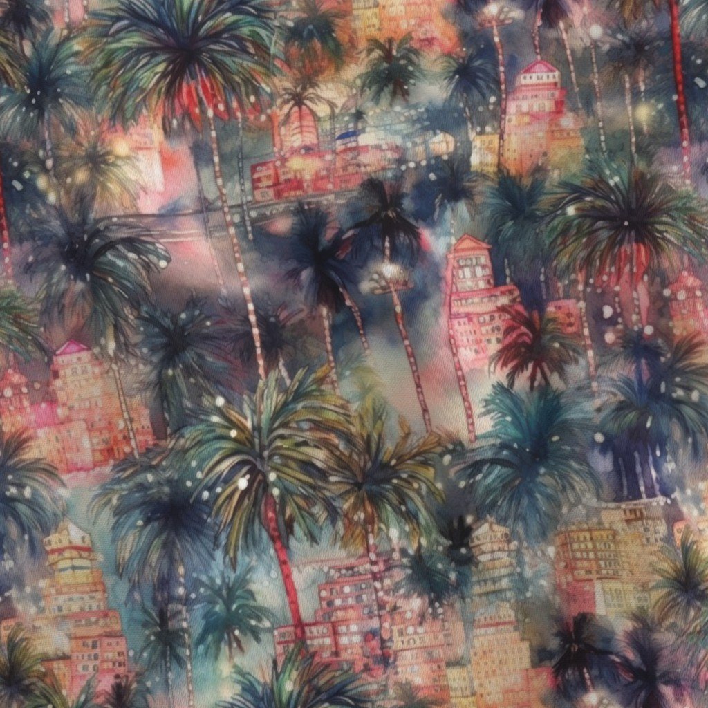 Miami City Christmas Streets Watercolor Fabric buildings houses fabric