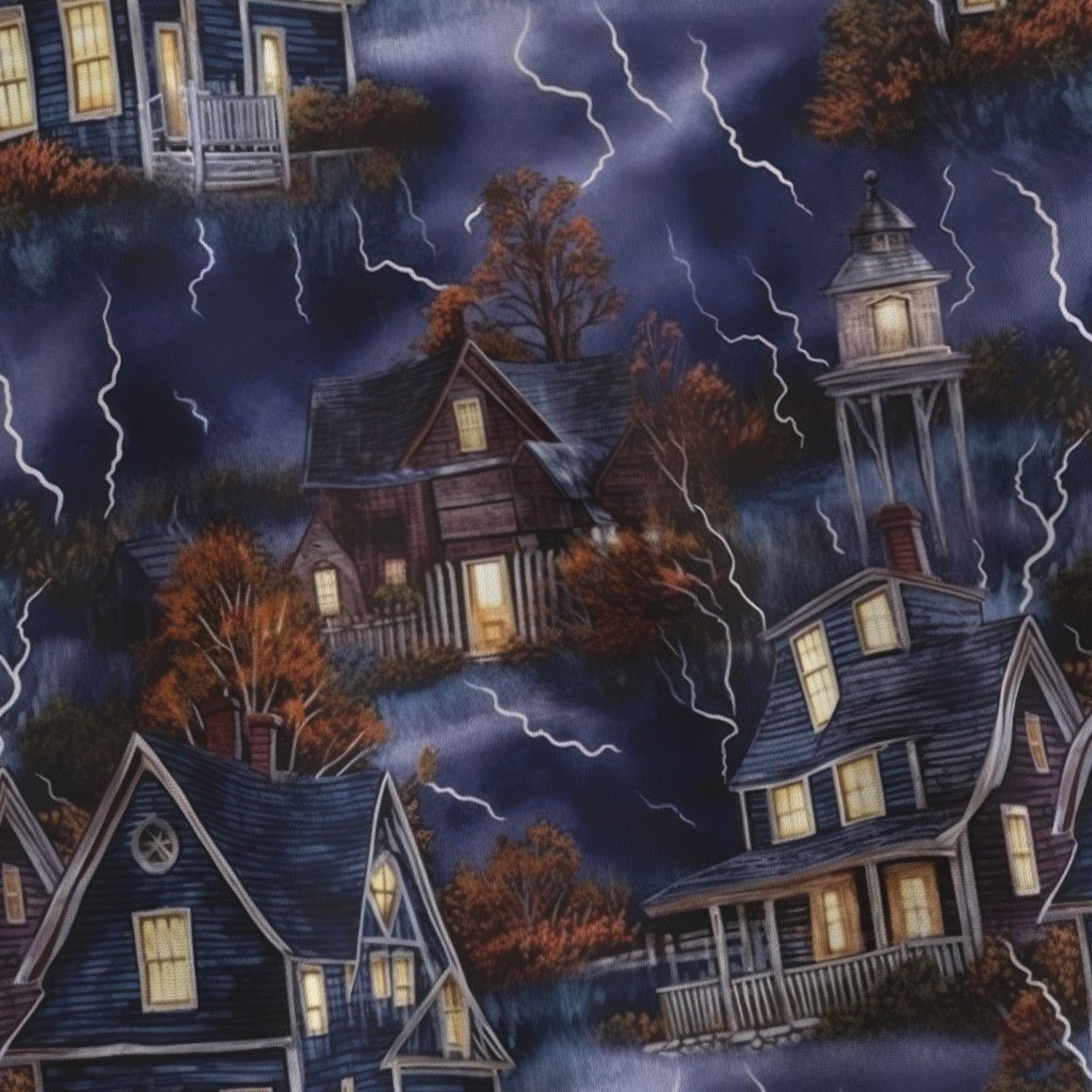 New England Haunted Village at Night with Lightning Storm Fabric haunted village fabric