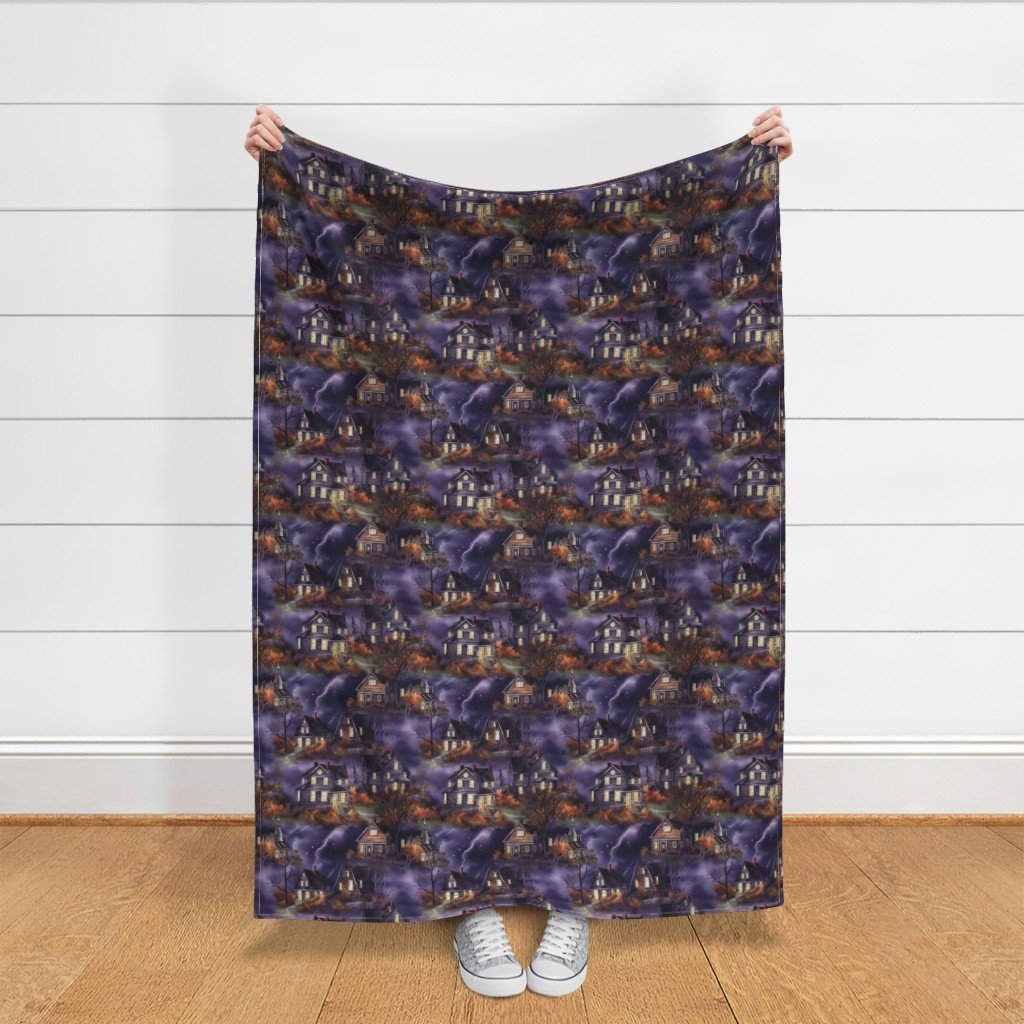 New England Haunted Village at Night with Purple Spooky Lightning Fabric haunted village fabric