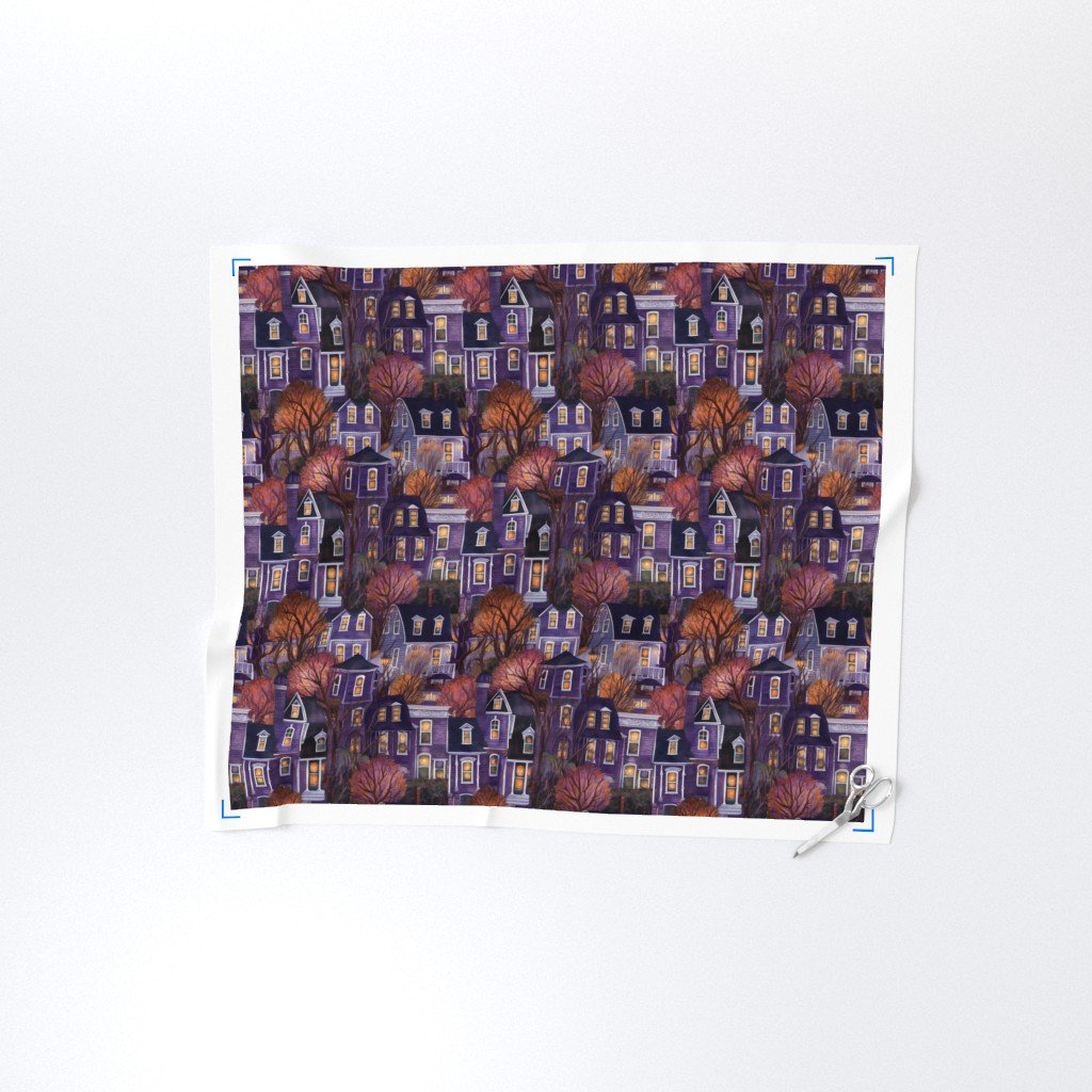 Bright Purple Haunted New England Village Watercolor Fabric haunted purple villa fabric