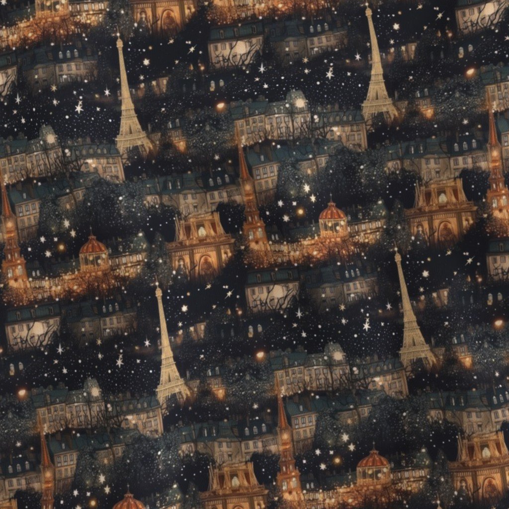 Paris City Christmas at Midnight Street Watercolor Fabric buildings houses fabric
