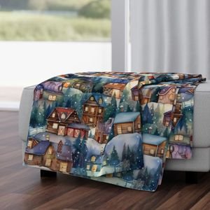 Large Christmas Rustic Country Winter Cabins Watercolor Decor Collection Design Collection christmas village throw blanket design